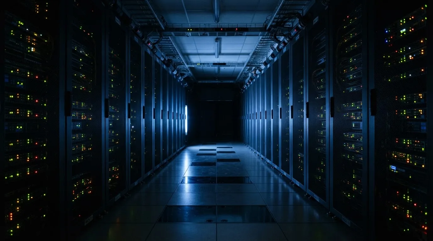 Rad av serverskåp med glödande lysdioder i ett mörkt rum — svenska casinon med trustly
