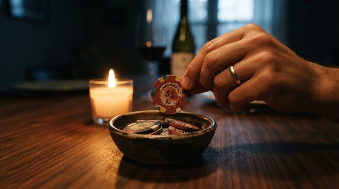 En hand lyfter en spelmark ur en skål, ljuslågan färgar bordet gyllenbrunt — svenska casinon med trustly